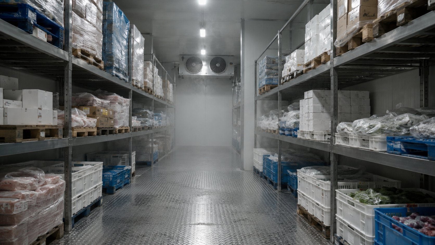 Large commercial walk-in cold storage warehouse with shelves of stacked chilled and frozen food product — meat, seafood, vegetables — supplied from China by GRACE IceStorm