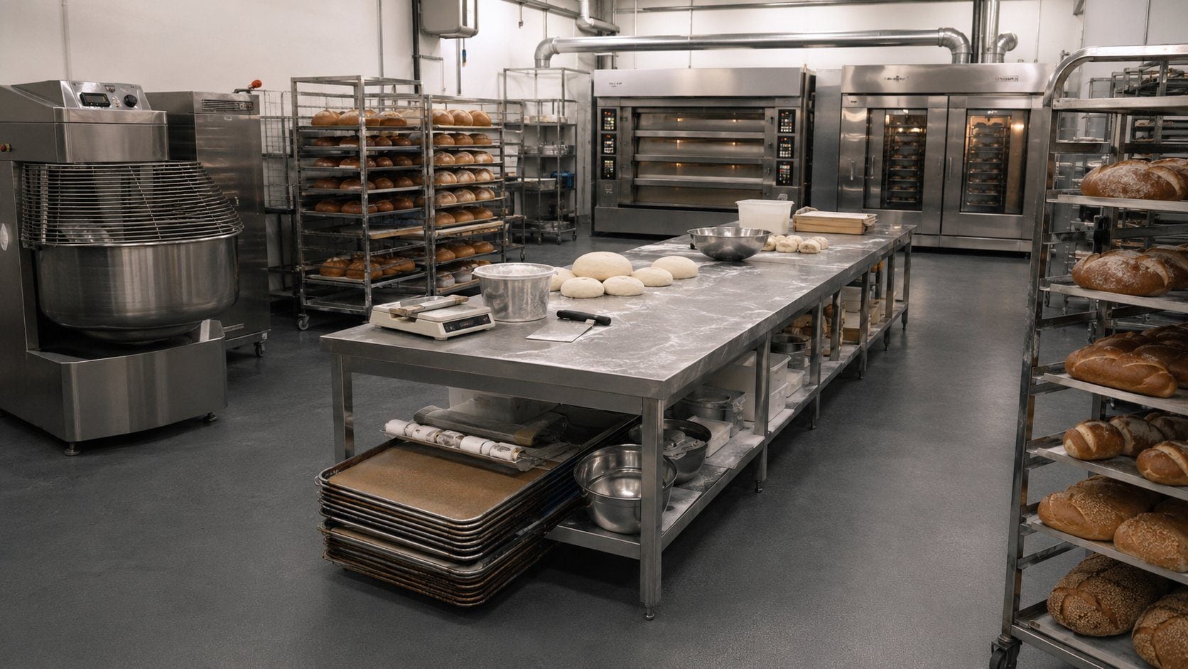 Modern commercial bakery production area with spiral mixer, stainless steel work table, rotary rack oven, deck oven and racks of fresh-baked bread supplied from China by GRACE