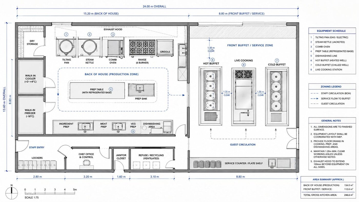 GRACE AutoCAD banquet kitchen layout with back-of-house production zone and front buffet service line including hot buffet live cooking and cold buffet stations