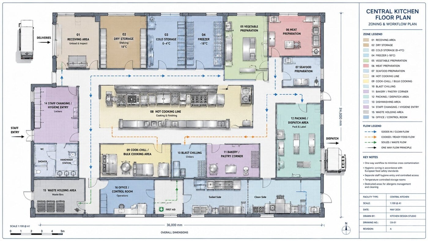 GRACE AutoCAD central kitchen floor plan with HACCP zoning and one-way workflow