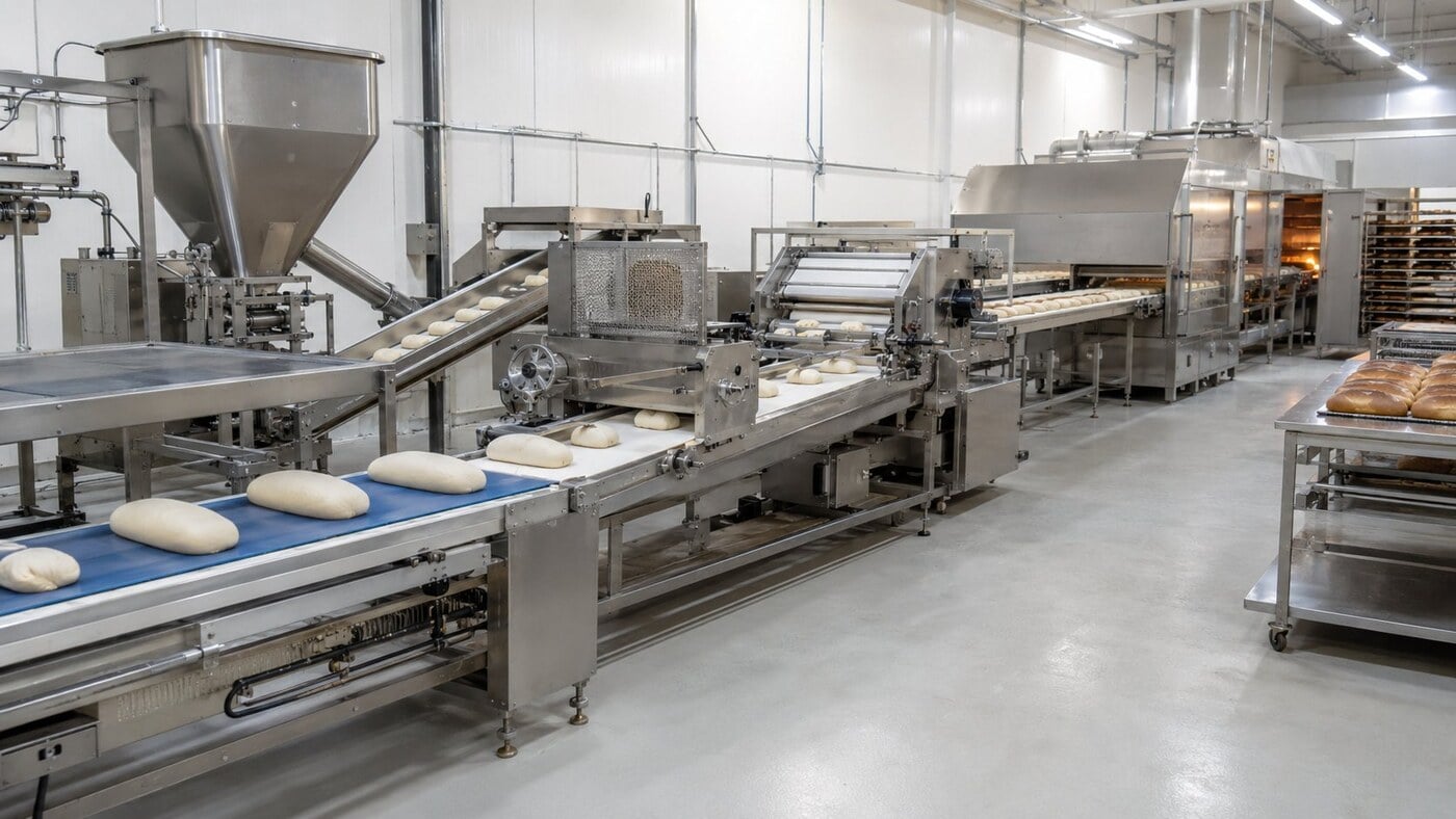 GRACE industrial bakery production line with continuous conveyor and tunnel oven