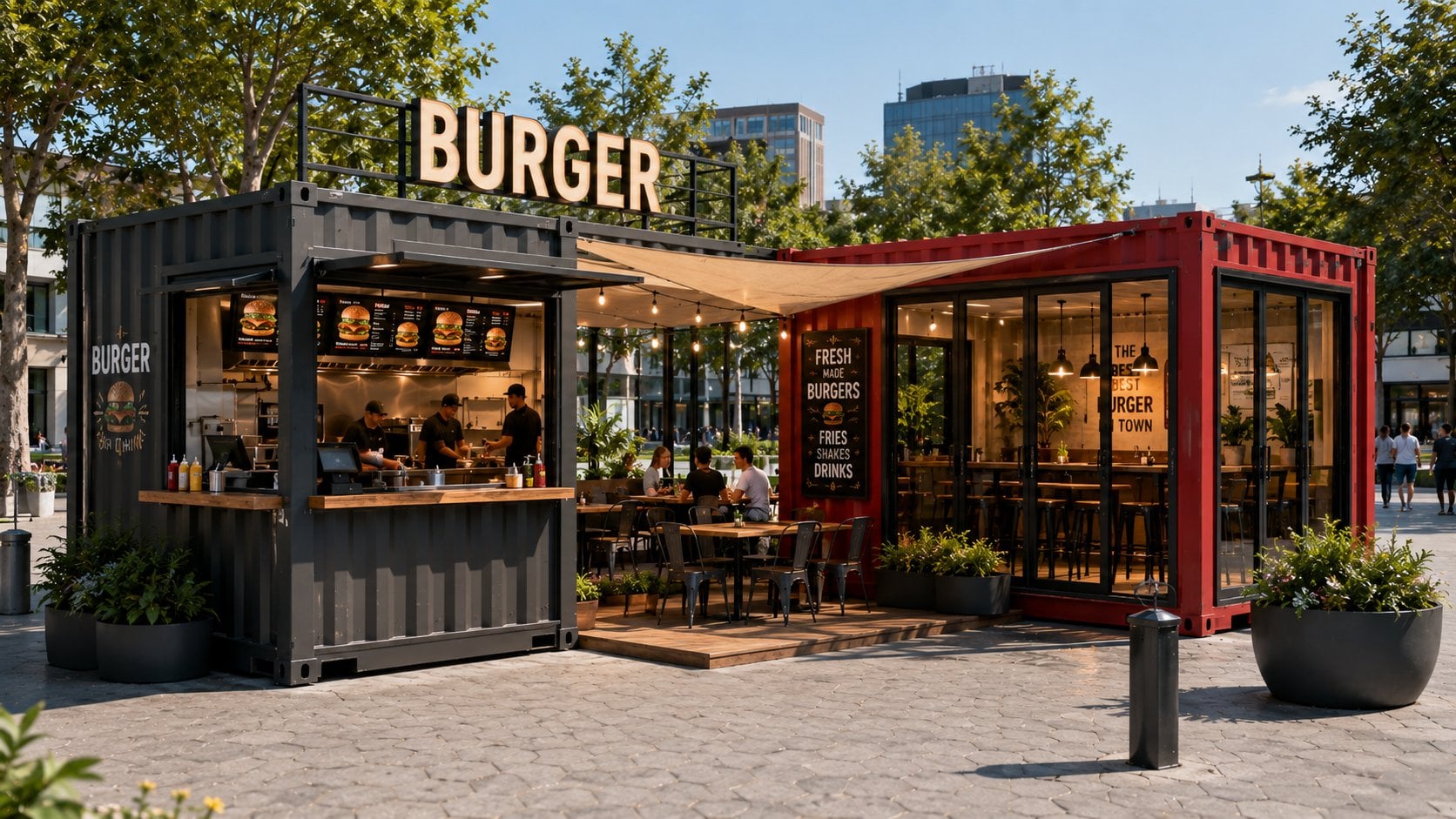 GRACE 20ft and 40ft container kitchen exterior delivered ready for on-site connection