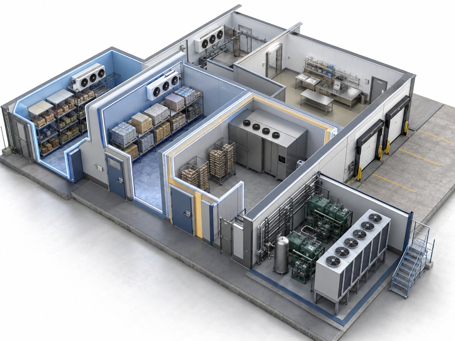 IceStorm 3D cold storage and blast freezer design rendering with refrigeration system layout