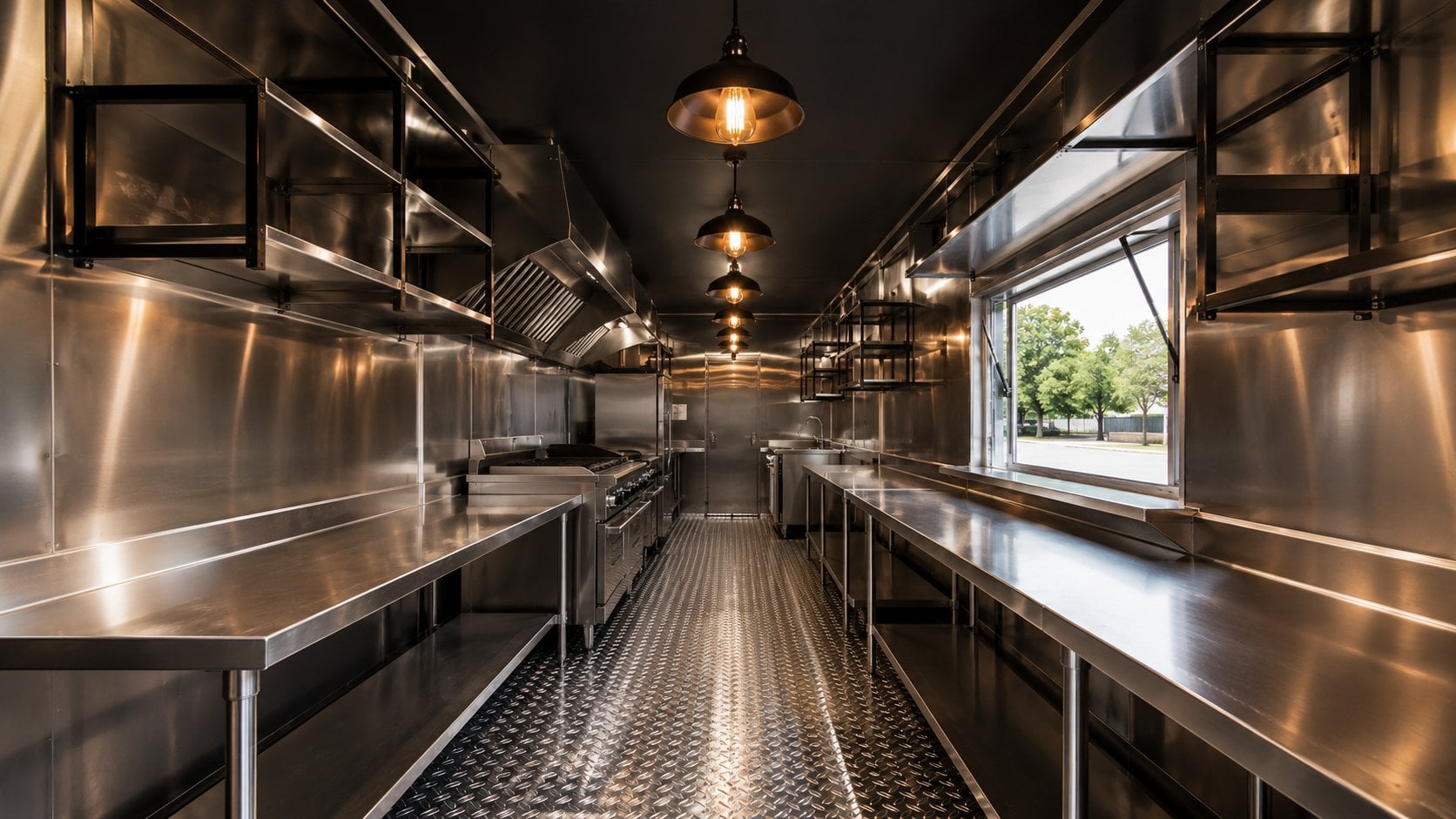 GRACE container kitchen on-site installation at remote mining project — fully fitted interior with cooking line and service pass-through