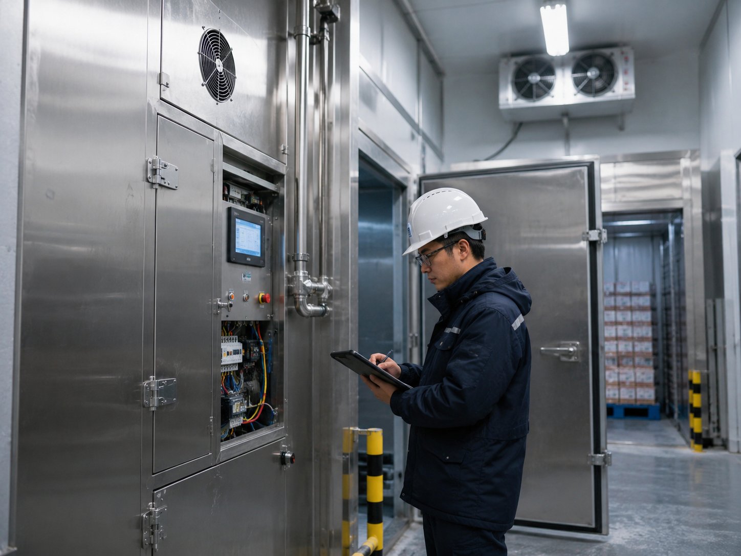 IceStorm refrigeration engineer commissioning a blast freezer system on a project site in East Africa