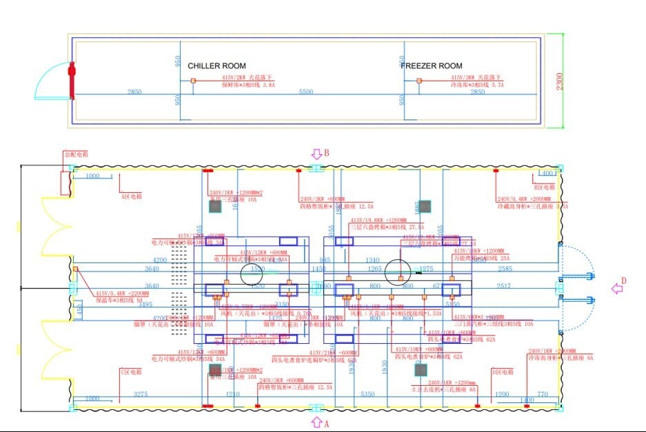 GRACE Mill Mess modular container kitchen layout with integrated chiller room freezer room 415V three phase electrical distribution to every appliance for OK Tedi mine site