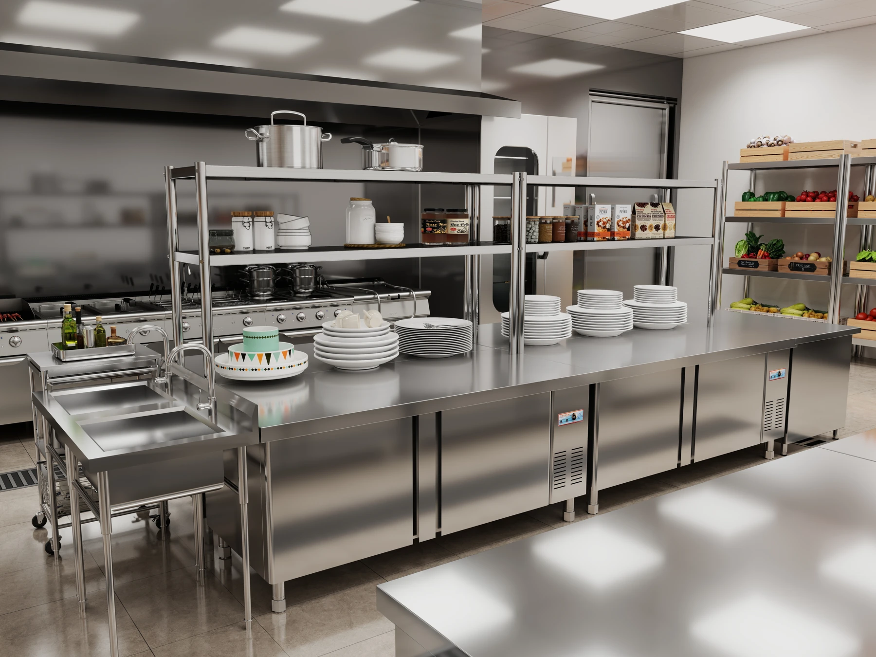GRACE 3D kitchen design: refrigerated preparation counters with overhead storage.