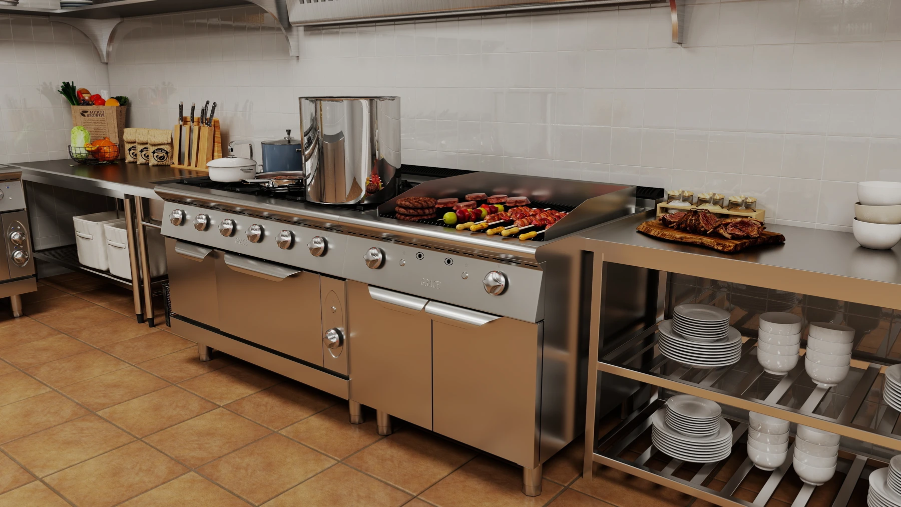 GRACE 3D kitchen design: cooking equipment arranged with adjacent preparation and plating space.